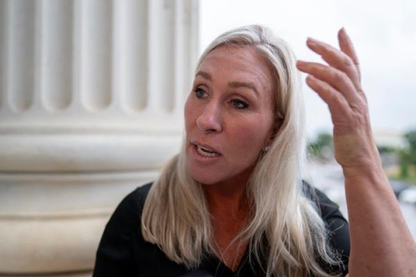 Rep. Marjorie Taylor Greene speaks to reporters at the Capitol in Washington D.C. on June 21, 2023. She recently questio<em></em>ned in an interview why her fellow Republicans weren't moving forward with impeaching Biden.