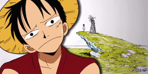 Luffy looking co<em></em>nfused with a still from the One Piece remake announcement in the background