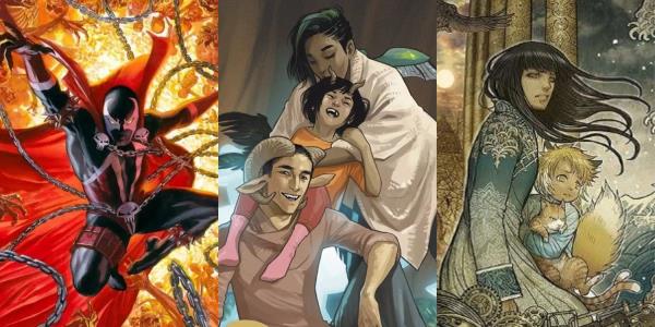 Split Image of Spawn, Saga, and Mo<em></em>nstress Covers