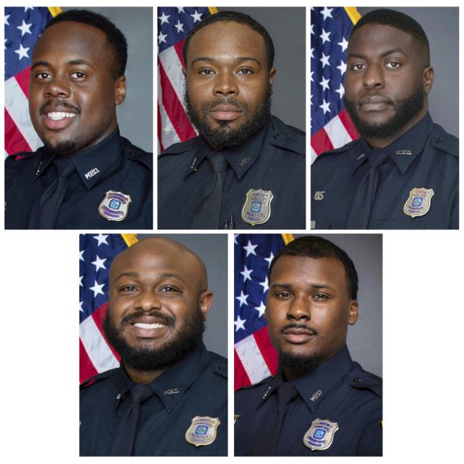 FILE - This combo of images provided by the Memphis, Tenn., Police Department shows, top row from left, officers Tadarrius Bean, Demetrius Haley, Emmitt Martin III, and bottom row from left, Desmond Mills Jr. and Justin Smith. The five former Memphis police officers are now facing federal civil rights charges in the beating death of Tyre Nichols as they co<em></em>ntinue to fight second-degree murder charges in state courts arising from the killing. They were indicted Tuesday, Sept. 12, 2023, in U.S. District Court in Memphis. (Memphis Police Department via AP, File)