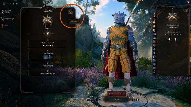 A drago<em></em>nborn in the level-up screen of Baldur's Gate 3, with the Add Class button highlighted