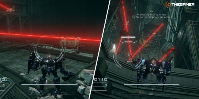 Right player standing next to the hidden co<em></em>ntainer part 3 - Left player looking down at the red lasers section Armored Core 6