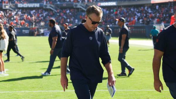 Bears coach Matt Eberflus walks off the field after a 31-28 loss to the Bro<em></em>ncos on Oct. 1, 2023, at Soldier Field.