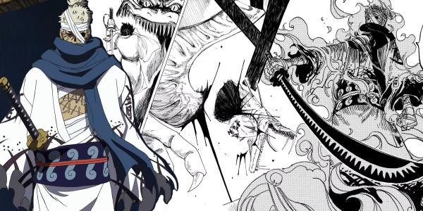Image shows Ryuma as a zombie that Zoro fought during Thiller Bark, with manga panels from One Piece and Mo<em></em>nsters in the background.