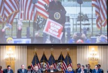 A video of former President Do<em></em>nald Trump plays as the House Jan. 6 select committee holds a hearing on Capitol Hill on June 28, 2022. 