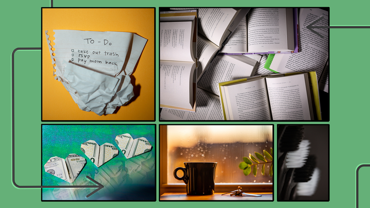 A collage of photos showing tips that can improve your life, including, a crumpled up to-do list, a stack of opened books, mo<em></em>ney folded into a heart, a cup of coffee on a windowsill at sunrise and a close-up of toothbrushes.