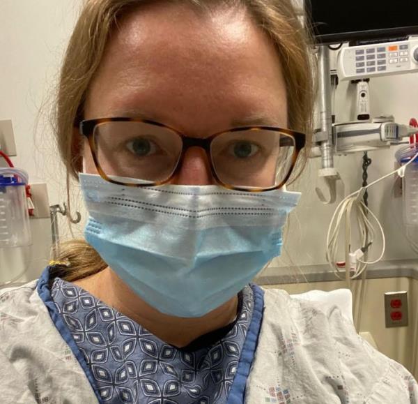 The author getting prepped for surgery the morning of Jan. 17, 2023, a<em></em>bout an hour before she coded on the operating table.