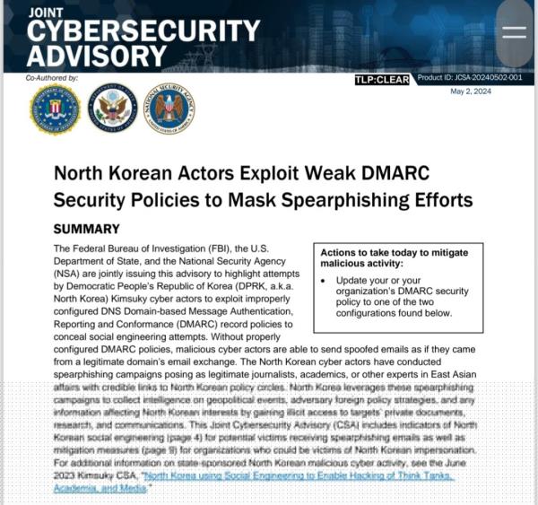 This image, caputured from a copy of a U.S. docu<em></em>ment, shows a U.S. cybersecurity advisory against a North Korea-l<em></em>inked cyber group. (PHOTO NOT FOR SALE) (Yonhap)