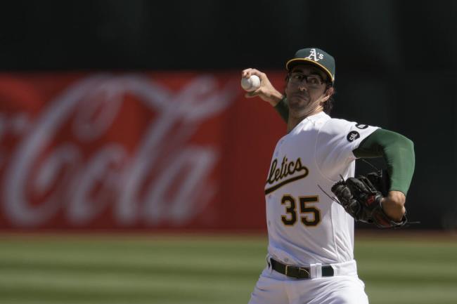 Oakland Athletics pitcher Joe Boyle throws to a San Diego Padres batter during the first inning of a ba<em></em>seball game Sunday, Sept. 17, 2023, in Oakland, Calif. (AP Photo/Godofredo A. Vásquez)